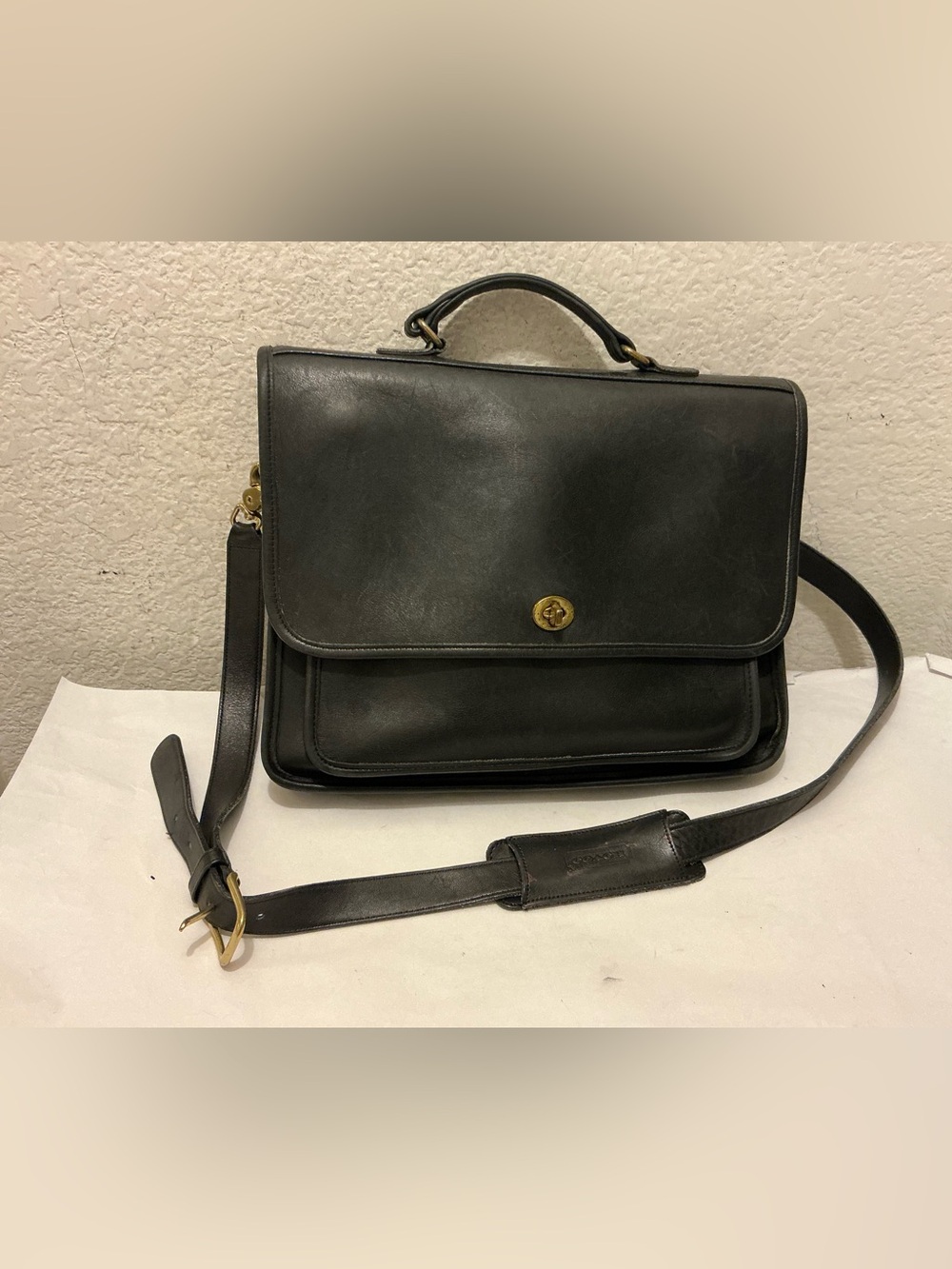 Vintage Old COACH 5181 Black Leather 2way Business Bag with Turn Lock Rare